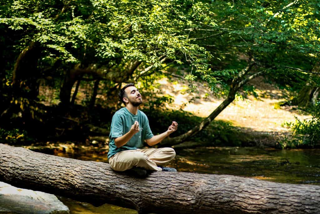 a man sitting on a log in the woods Nature therapy is emerging as a powerful antidote to stress