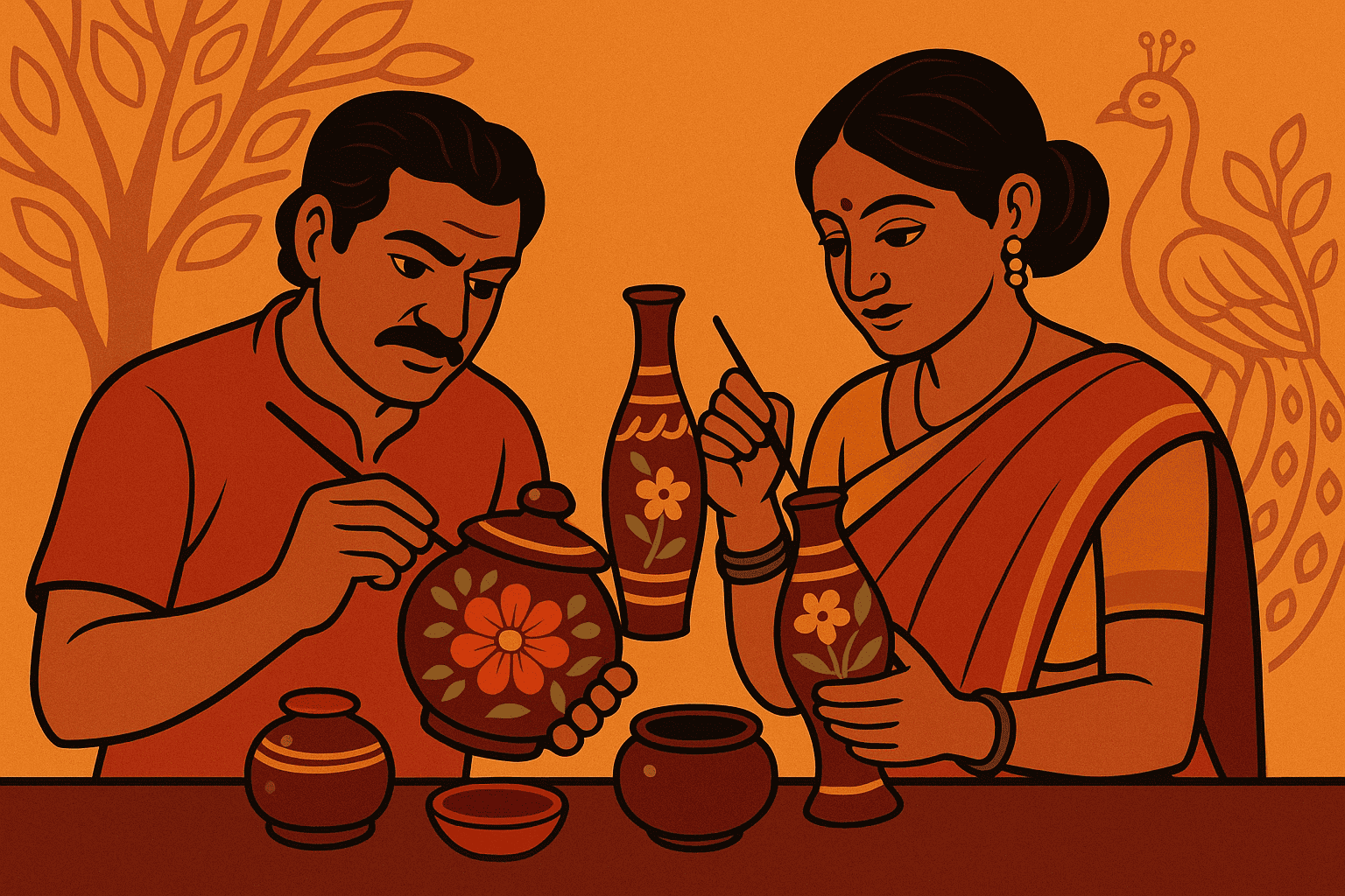 The lacquer arts of Tamil Nadu and Ernakulam are well renowned in India.  The themes and patterns draw influence from a variety of sources, including myths, folklore, and other performing arts.