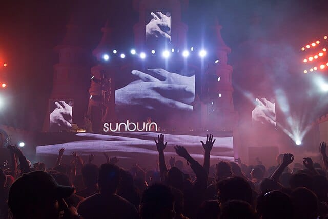 Sunburn, held every December on shores of Vagator Beach in Goa, is Asia’s largest electronic dance music (EDM) festival and one of the most anticipated events of Modern Indian Music. Image courtesy: Vyachaslev Arenberg via Wikkimedia Commons