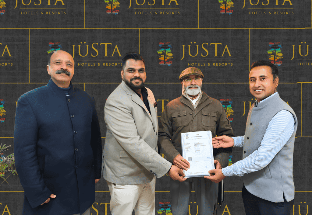 Onora Hospitality to open jüSTa Darkwood Lodge & Spa in Shimla’s Jakhu Hills in mid-March:
(L-R) Anuj Jain (A jüSTa Hotel owner), Dipanshu Gupta (Director of Business Development- North India, jüSTa Hotels & Resorts), Rajeev Sood (Owner, jüSTa Darkwood Lodge & Spa), Rahul Chambial (AVP-Himachal Pradesh
